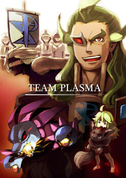  2boys 3others aged_down bare_shoulders barefoot black_mask blonde_hair breath_weapon breathing_fire brown_robe commentary dragon english_text faceless faceless_male facing_to_the_side fire flag gen_5_pokemon ghetsis_(pokemon) green_hair holding holding_pokemon hood hood_up hydreigon kurobis multiple_boys multiple_heads multiple_others multiple_views n_(pokemon) nintendo open_mouth pokemon pokemon_(creature) pokemon_bw robe scouter shadow_triad team_plasma team_plasma_grunt team_plasma_uniform toned toned_male tunic two-tone_background upper_body white_flag white_hood white_robe white_tunic zorua 