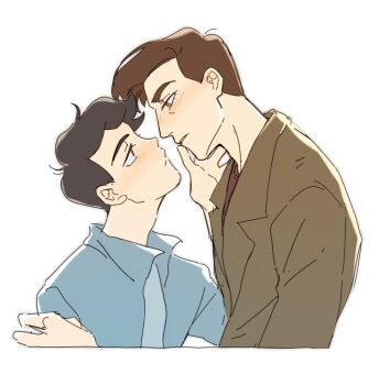  2boys anthony_stellar black_hair blush brown_eyes brown_hair couple elijah_douchnov eye_contact hand_on_another's_face height_difference highres imminent_kiss jacket looking_at_another male_focus multiple_boys my_student_spirit short_hair simple_background upper_body white_background yaoi yy20251111 