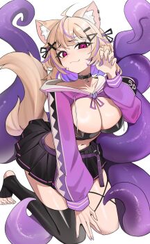  1girl :3 ahoge animal_ear_fluff animal_ears black_choker black_thighhighs blonde_hair breasts cat_ears cat_girl cat_tail choker cleavage colored_inner_hair facial_mark fang hair_ornament highres indie_virtual_youtuber kiritzugu kneeling long_hair long_sleeves looking_at_viewer medium_breasts multicolored_hair navel pleated_skirt purple_hair red_eyes shrug_(clothing) shyrei_faolan single_thighhigh skirt solo stirrup_legwear streaked_hair tail tentacles thighhighs toeless_legwear virtual_youtuber whisker_markings  rating:Sensitive score:11 user:danbooru