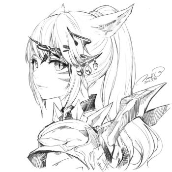  1girl animal_ears cat_ears closed_mouth commentary_request cropped_torso dated facial_mark final_fantasy final_fantasy_xiv looking_at_viewer looking_back miqo'te momoko_(momopoco) signature simple_background sketch smile solo warrior_of_light_(ff14) whisker_markings white_background 