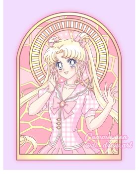  1girl bishoujo_senshi_sailor_moon blonde_hair blue_eyes bow bracelet commentary commission di_draw.art double_bun earrings english_commentary hair_bow hair_bun hair_ribbon highres jewelry long_hair microskirt necklace pink_bow pink_ribbon pink_shirt pink_skirt plaid_clothes plaid_shirt puffy_short_sleeves puffy_sleeves ribbon shirt short_sleeves sidelocks skirt solo star_(symbol) tsukino_usagi twintails upper_body very_long_hair 