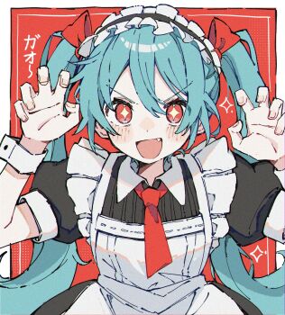  1girl apron aqua_hair black_dress commentary diamond-shaped_pupils diamond_(shape) dress fang frilled_headwear hair_between_eyes hatsune_miku highres long_hair looking_at_viewer maid maid_apron necktie open_mouth puffy_short_sleeves puffy_sleeves red_background red_eyes red_necktie sanye_mitsuyo short_necktie short_sleeves solo symbol-shaped_pupils translated twintails vocaloid white_apron 