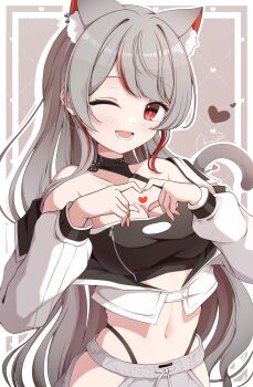  1girl :d absurdres animal_ear_fluff animal_ears black_panties black_shirt breasts cat_ears cat_girl cat_tail cleavage commentary_request cowboy_shot crop_top cropped_shirt grey_background grey_hair grey_pants grid_background gyeou_lee hands_up heart heart_hands highleg highleg_panties highres jacket korean_commentary large_breasts long_hair long_sleeves looking_at_viewer monochrome multicolored_hair navel neneko_mashiro off_shoulder one_eye_closed open_clothes open_jacket open_mouth outline panties pants panty_straps parted_bangs red_eyes shirt signature smile solo stellive stomach streaked_hair tail underwear variant_set virtual_youtuber white_jacket white_outline 
