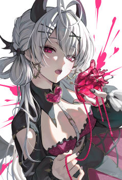  1girl absurdres antenna_hair black_nails breasts commentary_request demon_horns grey_hair hair_ornament hairclip heart_(organ) heart_antenna_hair heartki highres holding holding_heart_(organ) horns long_hair long_sleeves medium_breasts open_mouth original red_eyes solo wing_hair_ornament x_hair_ornament 