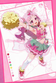  1girl :d armpits back_bow blunt_bangs blush bow breasts clover_earrings commentary_request cure_yell dot_nose double_bun footwear_bow from_above full_body hair_bun hair_ornament heart heart_hair_ornament highres holding holding_pom_poms hugtto!_precure kuruinuchan large_bow layered_skirt long_hair magical_girl medium_breasts navel nono_hana open_mouth pink_eyes pink_hair pink_shirt pink_shoes pink_skirt pink_theme pom_pom_(cheerleading) pom_poms pouch precure red_bow see-through_clothes see-through_skirt shiny_skin shirt shoes sideboob skirt sleeveless sleeveless_shirt smile solo thighhighs white_bow white_thighhighs wrist_cuffs yellow_wrist_cuffs zettai_ryouiki zoom_layer 