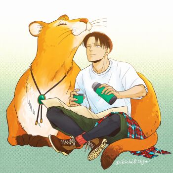  1boy alternate_costume animalization black_leggings bolo_tie brown_hair brown_shoes closed_eyes closed_mouth commentary_request crew_neck cup erwin_smith green_pants highres holding holding_cup holding_lid ikichi8tkjn leggings levi_(shingeki_no_kyojin) male_focus one_eye_closed pants shingeki_no_kyojin shirt shoelaces shoes sitting smile white_shirt 