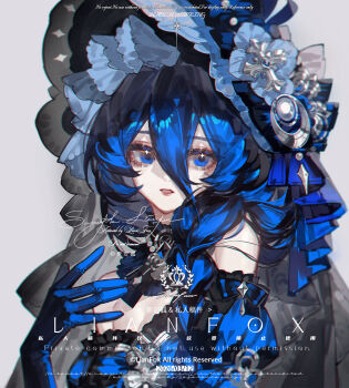  1girl absurdres artist_name blue_bow blue_dress blue_eyes blue_gloves blue_hat bow braid breasts cleavage commission dated double-parted_bangs dress gloves grey_background hair_between_eyes hair_over_shoulder hand_up hat hat_bow highres lian_fox long_hair long_hair_between_eyes low_twin_braids mihuashi_commission off-shoulder_dress off_shoulder original parted_lips portrait puffy_short_sleeves puffy_sleeves short_sleeves simple_background solo sparkling_eyes twin_braids watermark 