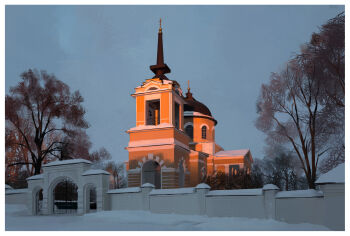  bare_tree border building church commentary english_commentary evening gjb870216 highres no_humans original outdoors photorealistic realistic scenery snow sunset tree white_border winter 