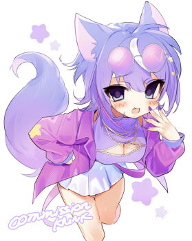  1girl 2000s_(style) :3 :d animal_ears blue_eyes blush breasts cleavage cleavage_cutout clothing_cutout commentary_request cropped_legs dot_nose eyewear_on_head faux_retro_artstyle fox_ears fox_girl fox_tail hair_between_eyes hand_up highres jacket kmnk_(kumanuko) long_sleeves looking_at_viewer medium_breasts miniskirt open_clothes open_jacket open_mouth original pink_jacket pleated_skirt purple_hair purple_sweater round_eyewear short_hair simple_background skirt smile solo standing sunglasses sweater tail turtleneck turtleneck_sweater white_background white_skirt 