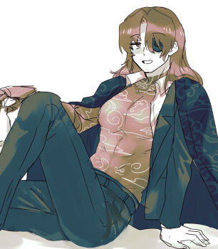 1boy :d abs absurdres alcohol amputee arm_support beard_stubble belt blush bottle brown_hair brown_theme chest_tattoo cloud_print coat coat_on_shoulders collared_shirt dress_shirt drunk eyepatch eyes_visible_through_hair facial_hair feet_out_of_frame formal_clothes from_side gregor_(project_moon) grin hair_between_eyes hair_down hair_over_one_eye hand_up happy highres holding holding_glass jacket jacket_on_shoulders joints kikkoinu knee_up kurokumo_clan_(identity)_(project_moon) lapels leaning_back limbus_company limited_palette long_hair long_sleeves looking_to_the_side low_ponytail male_focus mechanical_arms monochrome muscular muted_color neck_tattoo notched_lapels one-eyed one_eye_covered open_clothes open_coat open_jacket open_mouth open_shirt pants parted_bangs parted_lips pectoral_cleavage pectorals ponytail project_moon prosthesis prosthetic_arm reclining sake sake_bottle shirt simple_background single_mechanical_arm sitting sketch smile solo stubble suit suit_jacket tattoo tattoo_on_neck toned toned_male tongue unbuttoned unbuttoned_shirt vest white_background wing_collar