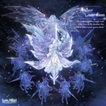  1girl angel armor armored_boots artist_request aster_guardian_(miracle_nikki) bare_shoulders blue_boots blue_dress blue_eyes boots bracer closed_mouth constellation convenient_hair detached_sleeves dress faulds floating floating_clothes floating_hair flower frilled_dress frilled_sleeves frills full_body gauntlets gradient_clothes gradient_dress hair_floating_upwards hair_flower hair_ornament happy highres holding holding_sword holding_weapon horseback_riding knight light_particles lipstick long_hair makeup miracle_nikki nikki_(series) official_art pink_lips puffy_short_sleeves puffy_sleeves purple_dress purple_hair riding short_sleeves sleeveless sleeveless_dress smile space star_(sky) sword thigh_boots third-party_source two-tone_dress very_long_hair weapon white_flower white_sleeves winged_boots 