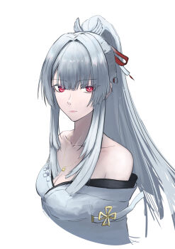  1girl absurdres bare_shoulders bell_(only-id_228) breasts cleavage collarbone commentary_request cropped_torso hair_ribbon high_ponytail highres hiyuki_(wuthering_waves) japanese_clothes jewelry kimono long_hair mole mole_under_eye necklace off_shoulder ponytail red_eyes red_ribbon ribbon solo white_background white_hair wuthering_waves 