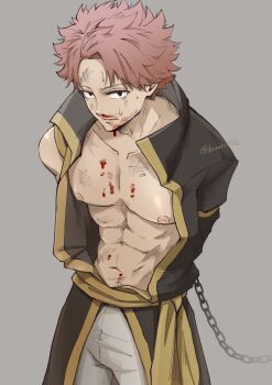 1boy abs arms_behind_back asymmetrical_clothes black_tunic blood blood_drip blood_on_chest blood_on_face bound bound_wrists bruise chain closed_mouth commentary_request fairy_tail grey_background highres honaya_(mosimon) injury long_sleeves looking_at_viewer male_focus natsu_dragneel nipples nosebleed open_clothes pink_hair sash simple_background solo tunic twitter_username