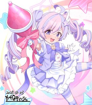  1girl ahoge artist_name blue_archive blue_eyes blush bow dated dress drill_hair frilled_sleeves frills gloves hair_ornament highres holding holding_wand kanabun long_hair looking_at_viewer magical_girl multicolored_hair open_mouth pantyhose pink_hair purple_bow purple_dress purple_hair reisa_(blue_archive) reisa_(magical)_(blue_archive) solo star_(symbol) star_hair_ornament star_symbol_background striped_clothes striped_pantyhose twin_drills twintails two-tone_hair wand white_gloves  rating:General score:14 user:ghotazegheo
