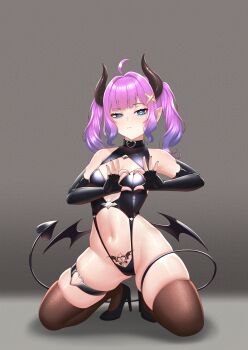  1girl ahoge angry armpits bare_shoulders black_choker black_nails black_panties blue_eyes blunt_bangs blush breasts brown_thighhighs cameltoe choker cipher4109 cleavage cleavage_cutout clothing_cutout collarbone commentary crop_top demon_girl demon_horns demon_tail demon_wings elbow_gloves english_commentary fingerless_gloves four-finger_heart_hands full-face_blush full_body gloves gluteal_fold gradient_hair green_hair grey_background grey_hair half-closed_eyes heart heart_cutout heart_hands heart_o-ring high_heels highres horns indie_virtual_youtuber kneeling looking_at_viewer low_wings medium_hair mint_fantome multicolored_hair nail_polish navel o-ring o-ring_choker o-ring_thigh_strap panties pointy_ears pubic_tattoo revealing_clothes simple_background skindentation small_breasts solo stomach streaked_hair string_panties tail tattoo thigh_strap thighhighs thighs thong twintails twitter_strip_game underwear virtual_youtuber white_hair wings 