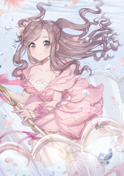  1girl air_bubble braid breasts brown_eyes brown_hair bubble camisole chinese_commentary circle_skirt cleavage closed_mouth collarbone commentary_request cup_(13636466299) dot_nose dress eyelashes floating floating_clothes floating_hair flower flower_dress fondant_game_(miracle_nikki) full_body hair_flower hair_ornament happy high_heels highres holding holding_spoon lace_wrist_cuffs leg_ribbon light_blush long_hair looking_at_viewer medium_breasts miracle_nikki nikki_(series) petals pink_dress pink_flower pink_ribbon pink_shoes ribbon shoes short_sleeves smile solo spaghetti_strap spoon swept_bangs tareme teaspoon thigh_ribbon two_side_up underwater wavy_hair white_camisole white_wrist_cuffs wrist_cuffs wrist_ribbon 