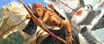  1boy absurdres bird black_nails bow_(weapon) facial_mark feathers highres holding holding_bow_(weapon) holding_weapon hunting jujutsu_kaisen male_focus outdoors pink_hair quiver red_eyes ryoumen_sukuna_(jujutsu_kaisen) ryoumen_sukuna_(true_form)_(jujutsu_kaisen) short_hair shoulder_tattoo sukufalke tattoo upper_body weapon white_horse 