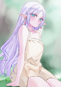  1girl absurdres bare_shoulders blush breasts commentary_request dress earrings elf frieren green_eyes grey_hair highres jewelry long_hair looking_at_viewer mile_(off8mile) parted_bangs pointy_ears sitting small_breasts solo sousou_no_frieren thighs white_dress 