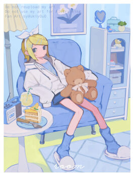  1girl alternate_costume armchair blonde_hair blue_socks border cake cake_slice chair drawstring food highres hood hood_down hooded_jacket indoors jacket kagamine_rin looking_at_viewer s1ho_(ukiy0u0) sitting slippers socks solo stuffed_animal stuffed_toy table teddy_bear vocaloid white_border white_jacket 