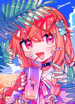  1girl :d bandaid bandaid_on_cheek bandaid_on_face bead_bracelet beads black_choker blue_sky blush bracelet braid choker cloud collarbone commentary crescent_choker cup day disposable_cup english_commentary eyewear_on_head fang hair_between_eyes heart heart-shaped_eyewear highres holding holding_cup jewelry leaf long_hair long_sleeves looking_at_viewer open_mouth original outdoors purple_shirt red_eyes red_hair shirt signature sky smile solo sunglasses twin_braids upper_body yuusuke-kun 