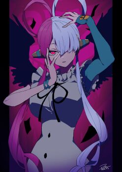  1girl angel_wings black_wings breasts dress highres large_breasts long_hair multicolored_hair one_eye_covered one_piece one_piece:_film_red one_piece_film:_red ppps solo twintails two-tone_hair uta_(one_piece) very_long_hair white_dress wings 