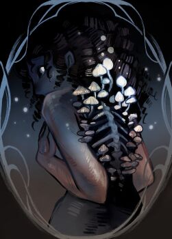  1girl black_hair black_sclera body_horror bone colored_sclera colored_skin curly_hair feefal from_behind funguary grey_skin guro highres long_hair monster_girl mushroom mushroom_girl nude original ribs solo upper_body white_eyes 