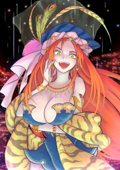  1girl belladonna_(seiken_densetsu_3) bracelet breasts cat_eyes cleavage earrings green_eyes hat hat_feather highres isabella_(seiken_densetsu_3) jewelry large_breasts laughing long_hair looking_at_viewer necklace orange_hair seiken_densetsu seiken_densetsu_3 solo tagme tooth_necklace 