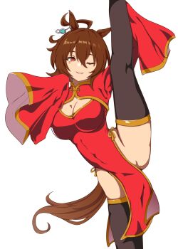  1girl agnes_tachyon_(umamusume) ahoge alternate_costume animal_ears black_thighhighs breasts brown_hair chinese_clothes cleavage cleavage_cutout clothing_cutout commentary_request covered_navel dress ear_ornament gold_trim hair_between_eyes hidarikumo highres horse_ears horse_girl horse_tail huge_ahoge large_breasts long_hair_between_eyes long_sleeves medium_hair one_eye_closed pelvic_curtain red_dress red_eyes simple_background sleeves_past_fingers sleeves_past_wrists smile solo split standing standing_on_one_leg standing_split tail thighhighs thighs umamusume wide_sleeves 