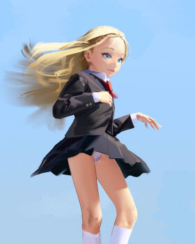 1girl absurdres bad_id bad_pixiv_id black_jacket black_skirt blonde_hair blue_background blue_eyes blue_sky bow bowtie character_request commentary day feet_out_of_frame female_focus floating_hair highres jacket kneehighs light_blush loli long_hair long_sleeves original outdoors panties pantyshot parted_lips pleated_skirt red_bow red_bowtie school_uniform shirt simple_background skirt sky socks solo standing sweetonedollar underwear upskirt white_panties white_shirt white_socks wind wind_lift rating:Sensitive score:174 user:danbooru