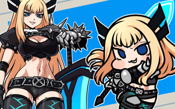  1girl armor belt blonde_hair blue_eyes breasts chibi clawed_gauntlets cleavage cleavage_cutout clothing_cutout commentary crop_top elbow_spikes gauntlets holding holding_sword holding_weapon huge_weapon jazz_jack large_breasts long_hair magik_(x-men) marvel marvel_tokon:_fighting_souls micro_shorts pauldrons planted planted_sword planted_weapon short_shorts shorts shoulder_armor shoulder_spikes single_gauntlet smile spiked_gauntlets spiked_pauldrons spikes sword thighhighs weapon x-men 
