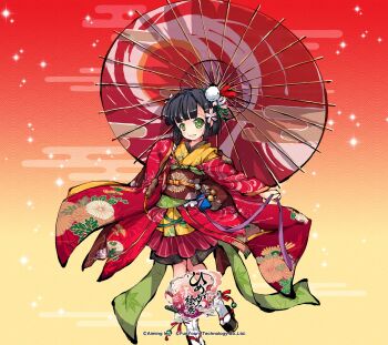  1girl black_hair blush commentary_request company_name copyright_logo copyright_name copyright_notice flower foot_out_of_frame green_eyes hair_flower hair_ornament hakama hakama_skirt highres himegami_kagura holding holding_umbrella japanese_clothes kimono logo long_sleeves looking_at_viewer ms06s obi official_art oil-paper_umbrella okobo open_mouth pink_flower platform_sandals red_kimono red_umbrella sandals sash short_kimono skirt smile socks solo standing third-party_source ubusunagami_(himegami_kagura) umbrella white_socks wide_sleeves 
