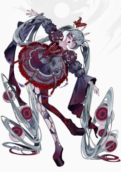  1girl absurdly_long_hair aqua_eyes aqua_hair asymmetrical_legwear black_dress blue_fire body_horror bug bug_print butterfly candle circle_skirt commentary_request digitigrade dress extra_digits extra_eyes eyeball_hair_ornament fire framed_insect frilled_dress frills gothic_&amp;_horror_hatsune_miku_design_contest gradient_hair half-closed_eyes handprint hat hatsune_miku heart_(organ) highres horror_(theme) insect insect_pin invisible_floor kawaii_is_curse leaning_to_the_side long_hair long_sleeves looking_at_viewer multicolored_hair open_mouth puffy_long_sleeves puffy_sleeves red_hat short_dress smile solo standing standing_on_one_leg teeth_print torn_clothes very_long_hair vocaloid wide_sleeves 