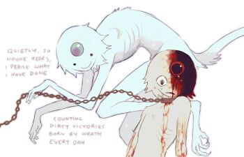  1boy 1girl bleeding blood blood_on_body blood_on_face blue_gem body_fur chain closed_mouth collar commentary ember_(jejejunum) english_commentary english_text forehead_jewel gem highres jejejunum metal_collar monster_boy monster_girl original ribs secret_(jejejunum) simple_background skinny slave smile solid_circle_eyes sweat tail white_background 