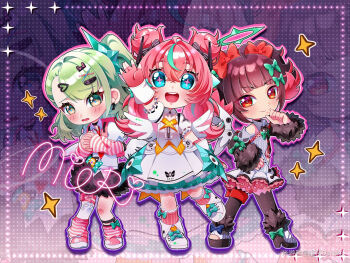  3girls :d angels_of_delusion aqua_streaks arm_warmers bandaid bandaid_hair_ornament black_hair black_skirt blue_eyes blush chibi chibi_only chinese_commentary colored_inner_hair commentary_request dress earrings fingerless_gloves full_body fur-trimmed_skirt fur-trimmed_sleeves fur_trim gloves green_eyes green_hair hair_between_eyes hair_ornament highres jewelry leg_warmers looking_at_viewer multicolored_hair multicolored_leg_warmers multiple_girls multiple_hair_clips multiple_thigh_straps musical_note_earrings nangong_yu necktie open_mouth orange_eyes pink_arm_warmers pink_gloves pink_hair pink_leg_warmers red_necktie sheihua_dareka shirt short_twintails skirt smile sparkle streaked_hair striped_arm_warmers striped_leg_warmers sunna_(afternoon_tea_break)_(zenless_zone_zero) sunna_(zenless_zone_zero) thigh_strap twintails white_dress white_shirt zenless_zone_zero 