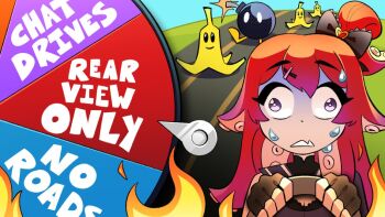  1girl banana_peel berrycrepe black_bow blue_sky bob-omb bomb bow bright_pupils brown_gloves cheriiart commentary day english_commentary english_text explosive eyelashes fingerless_gloves fire gloves hair_bow hair_ornament indie_virtual_youtuber lit_fuse long_hair mario_(series) mario_kart nervous_sweating nintendo official_art outdoors purple_eyes red_hair road sky street sweat tentacle_hair video_thumbnail virtual_youtuber wheel white_pupils youtube_video_thumbnail 