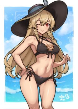  1girl ;) artist_name bare_arms bare_shoulders bikini black_bikini black_hat blue_sky braid braided_sidelocks breasts cavalier_hat cleavage cloud commission cowboy_shot ditraina_(octopath_traveler) gluteal_fold halterneck hand_on_own_hip hat highres ko-fi_commission long_hair looking_at_viewer navel ocean octopath_traveler one_eye_closed red_eyes rotomdocs side-tie_bikini_bottom signature sky smile solo standing stomach swimsuit very_long_hair 