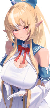  1girl absurdres alternate_breast_size_(larger) back-seamed_legwear blonde_hair bow bowtie breasts cleavage cleavage_cutout closed_mouth clothing_cutout commentary criss-cross_halter cutout_above_navel dark-skinned_female dark_skin detached_collar detached_sleeves elf gloves hair_bow half_gloves halter_shirt halterneck head_tilt highres hololive large_breasts long_hair long_sidelocks looking_at_viewer mintea_(minteashake) multicolored_hair orange_eyes pleated_skirt pointy_ears ponytail red_bow red_bowtie seamed_legwear shiranui_flare shiranui_flare_(1st_costume) shirt sidelocks simple_background single_hair_streak skirt skirt_set smile solo steepled_fingers streaked_hair upper_body virtual_youtuber white_background white_gloves white_shirt white_skirt white_sleeves white_streaks wide_sleeves 