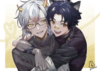  2boys :d absurdres animal_ears apron arknights artist_name asymmetrical_horns bandaid bandaid_on_face bandaid_on_nose black_hair black_shirt border borrowed_character colored_tips commentary commission commissioner_insert curtained_hair dog_boy dog_ears earrings elbow_gloves english_commentary fangs glasses gloves gradient_background grey_gloves grey_sweater hair_between_eyes highres horns hug hug_from_behind infection_monitor_(arknights) jewelry long_sleeves looking_at_another looking_at_viewer male_focus medium_hair multicolored_hair multiple_boys oc_x_canon open_mouth orange_eyes original outside_border parted_bangs rectangular_eyewear ribbed_sweater semi-rimless_eyewear shirt short_hair sideways_glance simple_background smile sweater turtleneck turtleneck_shirt turtleneck_sweater under-rim_eyewear uneven_horns upper_body vgen_commission white_apron white_background white_border white_hair windflit_(arknights) yellow_background yellow_eyes yellow_horns yunny_(cureyunny) 