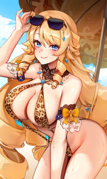 1girl absurdres animal_print bare_shoulders beach beach_umbrella blonde_hair blue_eyes blue_sky blush breasts cleavage closed_mouth commentary detached_collar drill_hair drill_sidelocks earrings english_commentary eyewear_on_head foxyreine genshin_impact highleg highres jewelry large_breasts leopard_print long_hair looking_at_viewer navia_(genshin_impact) necklace sidelocks sky slingshot_swimsuit smile solo sunglasses swimsuit thighs umbrella variant_set vision_(genshin_impact) rating:Sensitive score:58 user:danbooru
