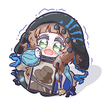  1girl black_pantyhose black_shoes black_veil blue_shirt brown_hair chibi coppelia_(reverse:1999) crying crying_with_eyes_open full_body green_eyes hand_up highres iei looking_at_viewer mechanical_arms medium_hair nijiiro_diary open_mouth pantyhose picture_frame prosthesis prosthetic_arm reverse:1999 shirt shoes single_mechanical_arm sitting solo teardrop tearing_up tears trembling veil wariza white_background 