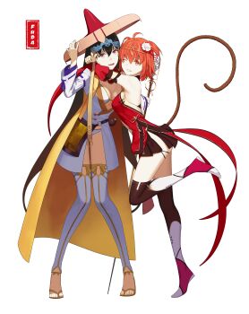  2girls absurdres ahoge bare_shoulders bead_necklace beads bikini breasts brown_hair brown_skirt brown_thighhighs chinese_clothes circlet cleavage commentary cosplay detached_sleeves dress earrings fate/grand_order fate_(series) flower fujimaru_ritsuka_(female) fujimaru_ritsuka_(female)_(the_three_great_heroes) full_body hair_between_eyes hair_flower hair_ornament hair_ribbon headpiece highres hoop_earrings hug ichimegasa japanese_clothes jewelry journey_to_the_west kimono large_breasts long_hair long_sleeves looking_at_viewer monkey_tail multiple_girls necklace open_mouth orange_eyes orange_hair prayer_beads purple_eyes red_dress ribbon short_hair short_kimono skirt smile sun_wukong sun_wukong_(cosplay) swimsuit tail thighhighs two_side_up vest white_bikini white_kimono white_thighhighs wide_sleeves xuangzang_sanzang_(fate) xuangzang_sanzang_(first_ascension)_(fate) yasafuda yellow_vest 