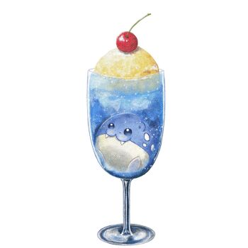  blue_eyes cherry cup drinking_glass fangs food food_focus fruit fukyo gen_3_pokemon highres ice_cream nintendo no_humans pokemon pokemon_(creature) pokemon_focus smile solo spheal white_background 
