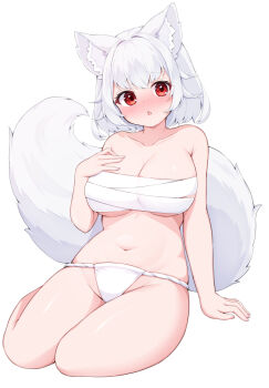  1girl :d animal_ear_fluff animal_ears blush breasts commentary fang full_body fundoshi hand_on_own_chest hat inubashiri_momiji japanese_clothes large_breasts navel open_mouth red_eyes rururiaru sarashi short_hair simple_background sitting skin_fang smile solo tail touhou underwear underwear_only white_background white_hair wolf_ears wolf_girl wolf_tail yokozuwari 
