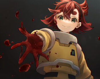  1girl black_hairband blood blood_on_hands commentary_request foreshortening from_below green_eyes grey_background gundam gundam_aerial_slap_(meme) gundam_suisei_no_majo hairband highres looking_at_viewer maya_(mayamayammy) mecha_pilot_suit meme normal_suit_(gundam) outstretched_hand short_hair smile solo suletta_mercury upper_body 