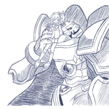  aiba_ami alphamon blue_eyes digimon digimon_(creature) digimon_story:_cyber_sleuth goggles goggles_on_head highres long_hair monochrome red_hair sidetail sketch  rating:General score:0 user:Chaos11