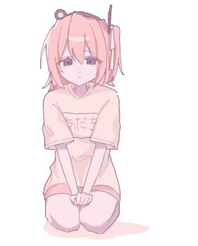  1girl a.i._voice adachi_rei alternate_costume bad_id bad_twitter_id black_eyes character_name closed_mouth clothes_writing expressionless full_body hair_ribbon half-closed_eyes hands_on_lap headlamp highres inactive_account looking_at_viewer medium_hair mu_(fyt8ozu7rxqyoy4) one_side_up orange_hair orange_shirt orange_shorts radio_antenna ribbon seiza shirt short_shorts shorts simple_background sitting solo t-shirt utau v_arms white_background white_ribbon  rating:General score:4 user:danbooru