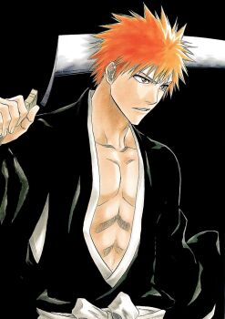  1boy abs black_background bleach brown_eyes collarbone holding holding_sword holding_weapon japanese_clothes kubo_tite kurosaki_ichigo male_focus official_art orange_hair shihakusho shikai short_hair simple_background spiked_hair sword upper_body weapon wide_sleeves zangetsu_(shikai) zanpakutou 