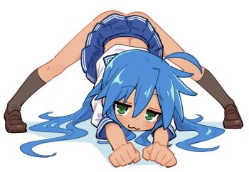  1girl :3 ahoge ai-assisted ass black_socks blue_hair blue_skirt closed_mouth fire.inc full_body green_eyes hair_between_eyes izumi_konata jack-o'_challenge kneehighs legs_apart loafers loli long_hair looking_at_viewer lucky_star meme mole mole_under_eye no_panties pleated_skirt ryouou_school_uniform sailor_collar school_uniform serafuku shirt shoes short_sleeves simple_background skirt socks solo spread_legs tan top-down_bottom-up white_background white_shirt wide_spread_legs 