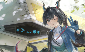  >_o 1girl ;3 absurdres arknights arknights:_endfield black_hair chen_qianyu_(arknights) closed_mouth commentary_request dragon_girl dragon_horns dragon_tail emoticon grey_eyes highres horns kaomoji leaf long_hair looking_at_viewer mandarin_collar non-humanoid_robot one_eye_closed paserin_ekaku robot tail tata_(arknights) two-sided_gloves upper_body w 