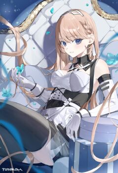  1girl alternate_hair_length alternate_hairstyle balloon bare_shoulders black_collar black_skirt black_thighhighs blonde_hair blue_eyes blue_flower blue_petals braid breasts campanella_(vtuber) collar commentary_request commission couch detached_collar elbow_gloves falling_petals flower gloves hand_up headpiece highres indie_virtual_youtuber layered_skirt long_hair medium_breasts open_mouth petals roena second-party_source shirt sitting skeb_commission skirt solo star_balloon thighhighs underbust very_long_hair virtual_youtuber white_gloves white_shirt wrist_cuffs zettai_ryouiki 